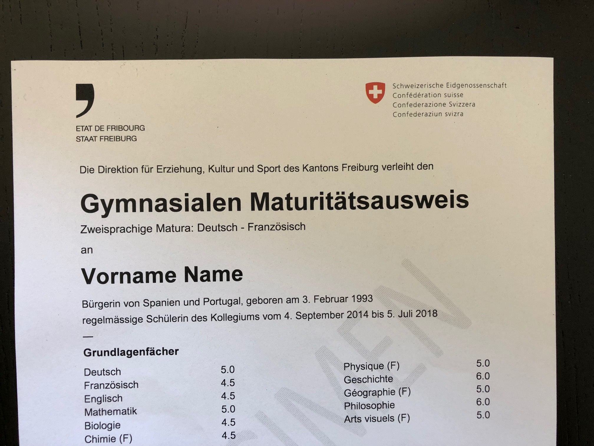 Auszeichnung des Staatsrats für die beste zweisprachige Maturität